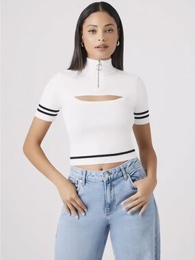 FOREVER 21 Thick White Zip Neck Cutout Crop Top with Sporty Stripes SMALL